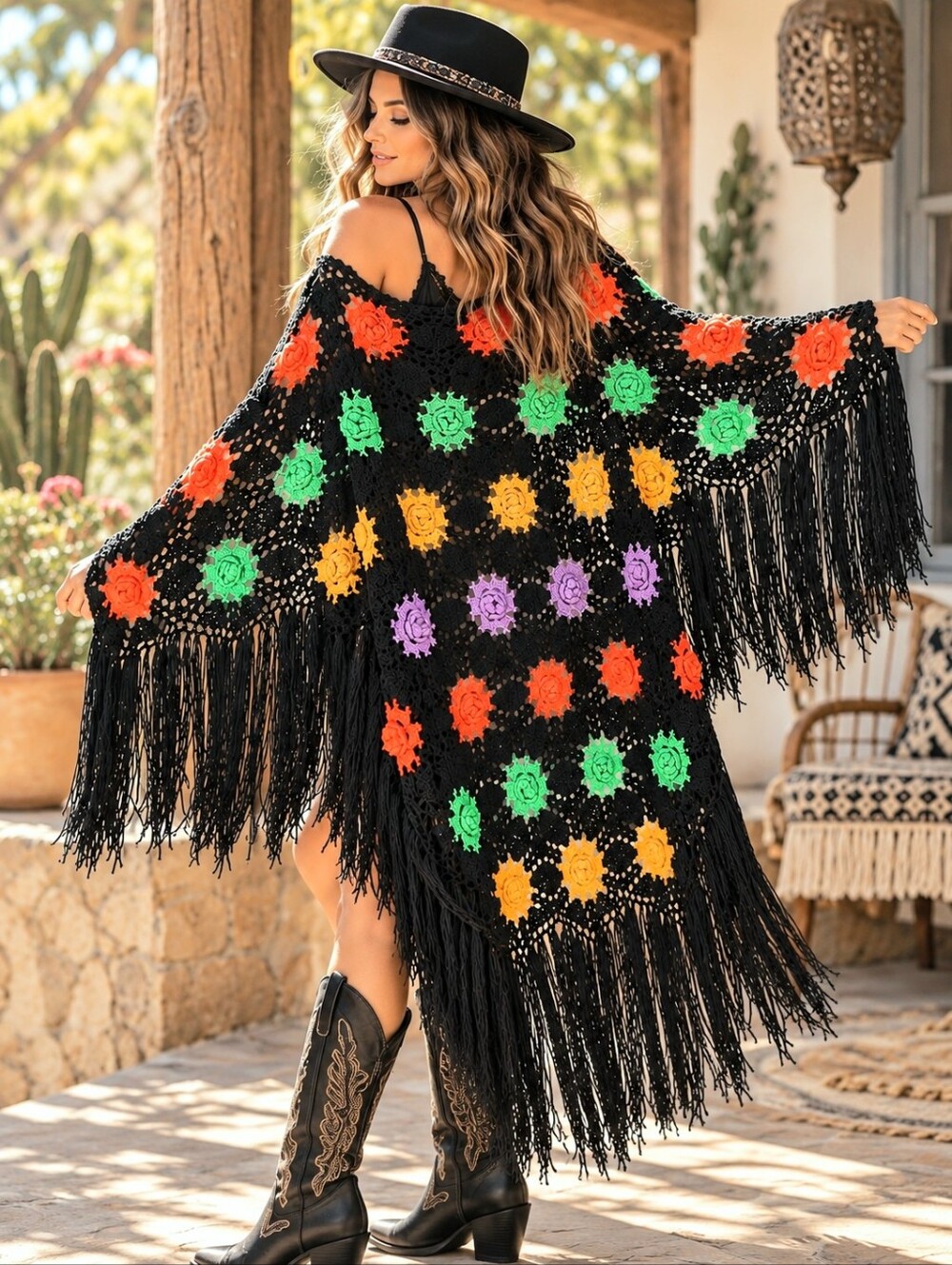 Rose 3D Floral Black FRINGE Crochet Shawl Sweater Wrap Cape Boho Hippie OS